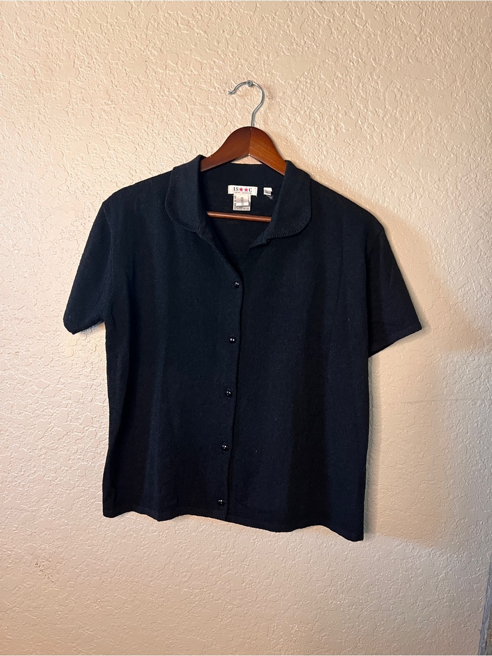 Isaac Mizrahi Black Short-Sleeve Cardigan L Button-Down Wool Blend